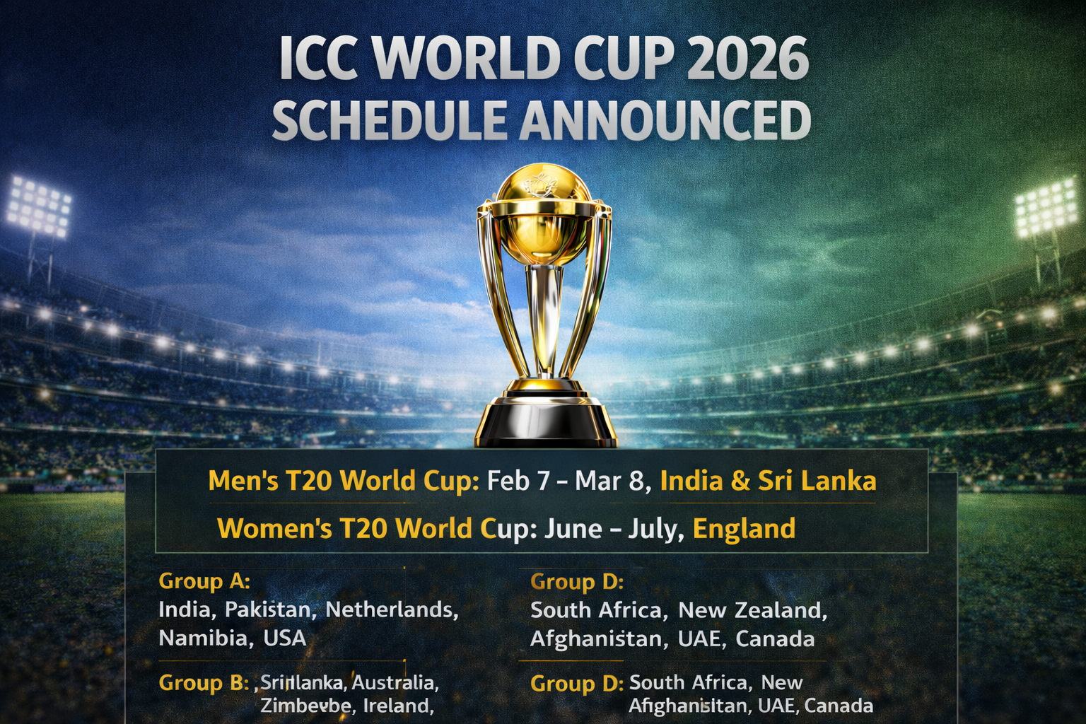 ICC World Cup 2026 Schedule Announced: New Year 2026 Brings Blockbuster Cricket Action